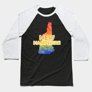 Colorful mandala art map of New Hampshire with text in blue, yellow, and red Baseball T-Shirt